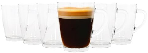 LAV 6 x transparente 350-ml-Vega-Kaffeetassen aus Glas – große hitzebeständige Trinkbecher für Tee, Latte, Cappuccino, heiße Schokolade, Gläser-Set mit Henkel