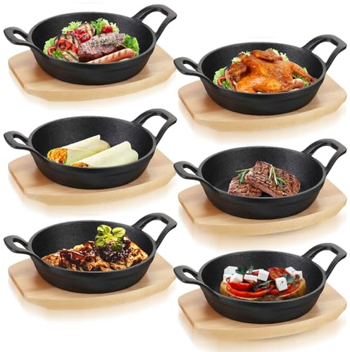 Nuogo Juego de 6 mini sartenes de hierro fundido con base de madera, placa redonda pequeña de fajita para fiesta de cocina (4.9 pulgadas)