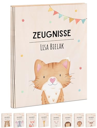 Wunderwunsch® - Personalisierte Holzzeugnismappe mit hochwertigem Spezial-Druck - Einschulung Geschenk für Jungen & Mädchen (Katze Girlande)