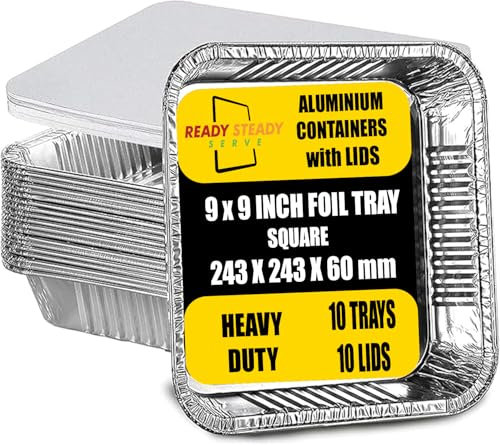 9x9 Inch Disposable Aluminium Foil Trays with Lids - Deep & Durable Foil Baking Trays for Cooking, Freezing, Serving, Potlucks, BBQs, Catering, & Meal Prep - Reusable Tin Foil Containers - Pack of 10