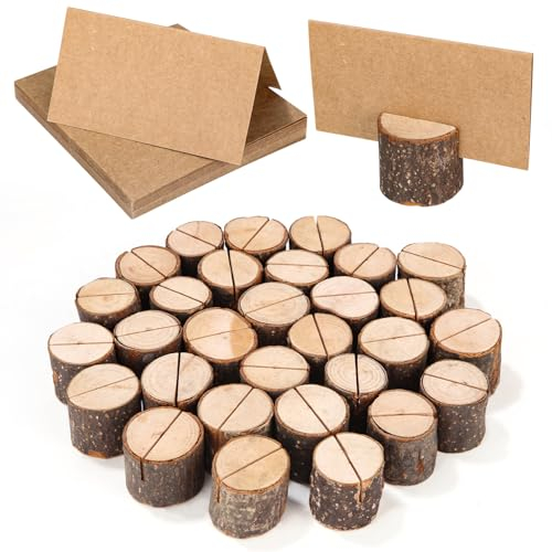Bixury 30 Stück Zylindrischer Kartenhalter Holz Stabil Tischkartenhalter Kartenhalter Fotohalter Menükartenhalter Postkartenhalter mit 30 Kraftpapier Tischkarten für Hochzeit Geburtstag Fotos Memo(30)