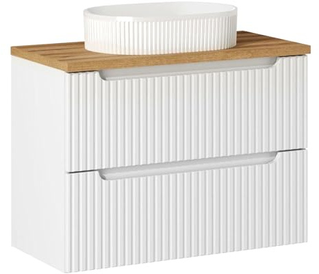 Lomadox Badezimmer Waschtisch 80cm mit Keramikwaschbecken, weiß und Eiche mit gerillter Front