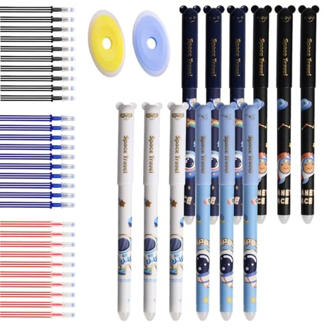 12 Stück Wegradierbare Stifte, Astronaut Radierbarer Kugelschreiber, 0.5mm | Radierbare Gelstifte Set, Cartoon Löschbarer Stift mit 30 Nachfüllungen, 2 Radiergummis für Jungen Studenten Zeichnen