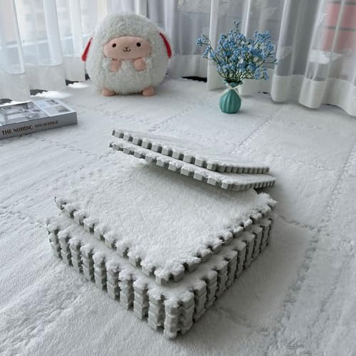 Gangdise 12 PCS Thickened Plush Interlocking Floor Mat Fluffy Square Tiles EVA Foam Matswith 16 Edgings Soft Anti-Slip Exercise Play Mat for Room (White)