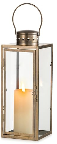 NUPTIO Vintage lyktor Guld Distressed: 35cm Tall Dekorativ Hängande Farmhouse Metall Lykta Inomhus Dekor med Glas - Ljushållare för Halloween Hem Mantle Vardagsrum Patio