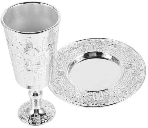 ABOOFAN Set de Coupes Solide et Facile à Nettoyer en Alliage de Zinc Argenté avec Soucoupe Assortie de Kiddouch de Shabbat pour Fêtes Juives et Shabbat | 1 Set, Facile à Nettoyer, Conçu pour Durer, Finition Argentée, pour Shabbat et Fêtes Juives