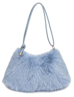 Ulisty Damen Klein Kunstfell Fuchs Pelz Hobo Tasche Pelzig Unterarmtasche Plüsch Schultertasche Mode Geldbeutel Handtasche blau