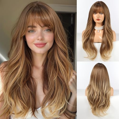 HAIRCUBE Lange Ombre-Perücke in Braun mit Pony, geschichtete lockige Perücken für Frauen, natürliche synthetische Perücken für den täglichen Gebrauch (Pelucas de cabello natural)