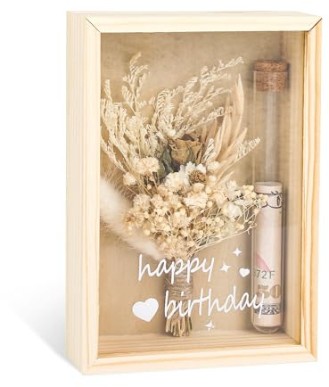 Geldgeschenk Geburtstag – Happy Birthday Geschenkbox mit Trockenblumen & Reagenzglas – Geburtstagsgeschenk für Sie & Ihn – Kreative Geldgeschenke zum Geburtstag – Holzbox als Erinnerungsstück