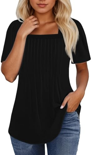 T Shirts for Women UK Square Neck Loose Casual Short Sleeve Summer Tee Tops Front Pleated T-Shirt Ladies Blouse Fashion Dressy Tunic Blouses Solid Plain Basic Tshirts for Office Work Business