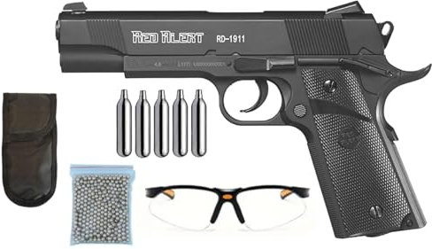 Pack Pistola Aire Comprimido Gamo Red Alert RD-1911 CO2 | Pistola Balines 4.5mm BBS + Tarjeta DE Armas + Funda + Gafas + Balines + 5 Bombonas