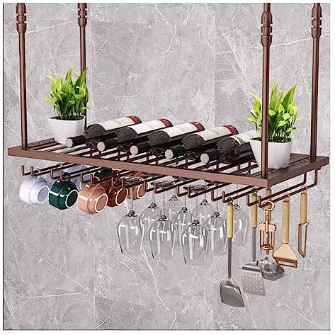 JFUNANQH Adjustable Hanging Wine Rack with Glass Holder Brass Perfect for Bar or Kitchen Ceiling Bottle Holder 80 x 23