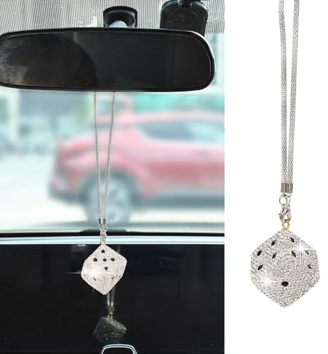 Blueshyhall Würfel Anhänger Auto Ruckspiegel Glitzer, Bling Bling Würfel Anhänger aus Strass und Metall Klein, Hängend Ornament Deko für Auto Buro Haus Rucksack Charm Damen Frauen (Silber)