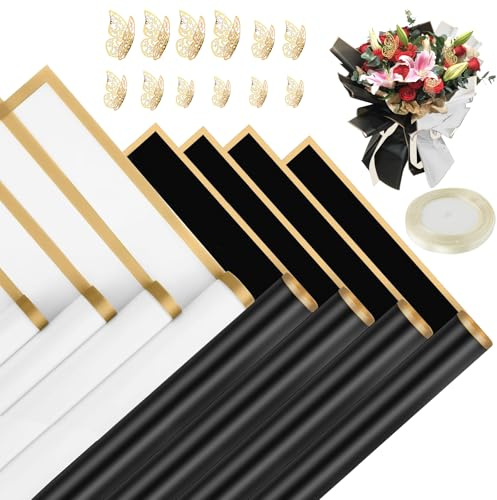 Molirex 14 fogli di carta a fiori, bordo dorato, bouquet minimalista con decorazione a farfalla e nastro per fioristi, in bianco e nero, per compleanno, matrimonio, 58 x 58 cm