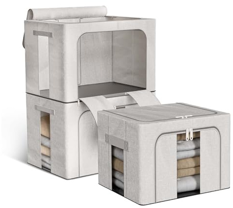 Boic 3 Pack Clothes Storage Boxes, 24L Clothes Organiser With Metal Frame, Foldable Clothes Storage Bag, Storage Boxes With Lids Bedding Storage For Blankets, Bedding, Comforters (Grey)