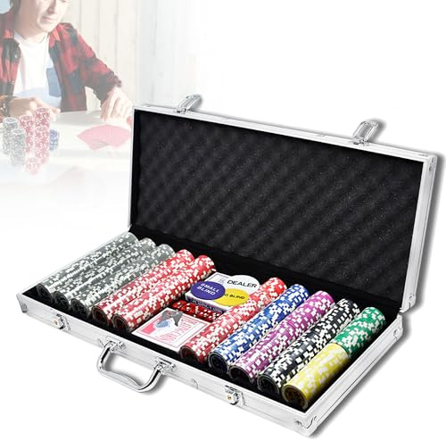 YZNAHRE Pokerkoffer Set 500 Chips Pokerset mit 2 Pokerdecks, 5 Würfeln & Dealer-Buttons im Aluminiumkoffer (Silber)