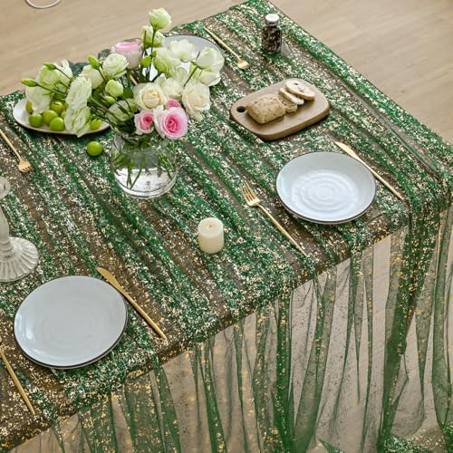 Artoid Mode Garza in tulle con glitter, verde, oro, tovaglia rettangolare, 150 x 213 cm, con paillettes dorate, biancheria da tavola, cucina, vacanze, feste, decorazioni