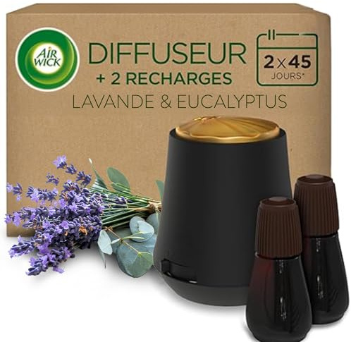Air Wick Diffuseur d’huiles Essentielles Brume Parfumée+ 2 Recharges 20 ml Parfum Lavande et Eucalyptus