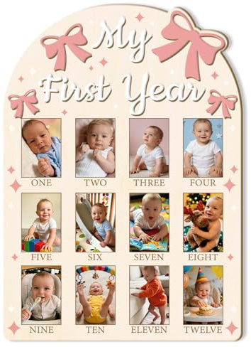 ORIGACH Tableau d'affichage photo « My First Year Baby Growth », 12 mois, tableau souvenir en bois pour 1er anniversaire et décoration de chambre d'enfant, nœud rose