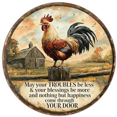 KIYOYO Rooster Kitchen Wall Decor Round Chicken Metal Signs Farm Rooster Crowing Sign Welcome To My Mother Kitchen Home Fence Wall Decor Vintage Chicken Coop Tin Poster 8 Inch