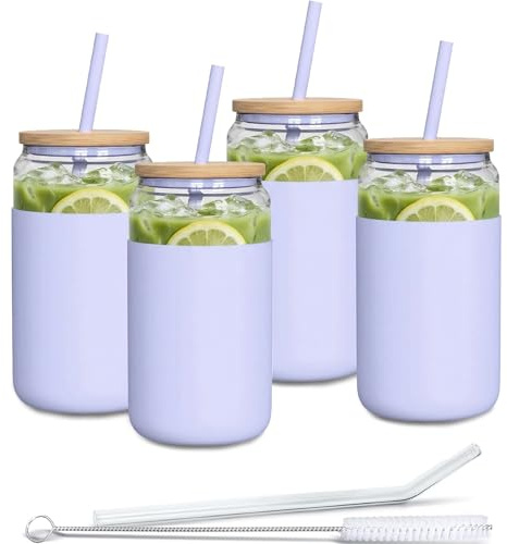Aquafloow Vaso con pajita y tapa 500 ml | Vasos reutilizables Funda de silicona | Set de vasos - 2 pajitas 1 varilla de limpieza | Para batidos, café, cócteles - 4 piezas - Violeta