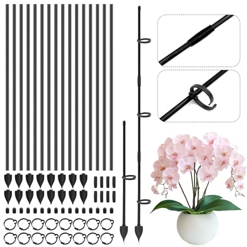 TZEKING 16 Pezzi Supporto per Piante 6.3mm x 36cm – Tutori in Fibra di Vetro Resistenti con Aste di Collegamento, Picchetti & Clip – Ideale per Orchidee, Monstera – Resistente agli Agenti Atmosferici