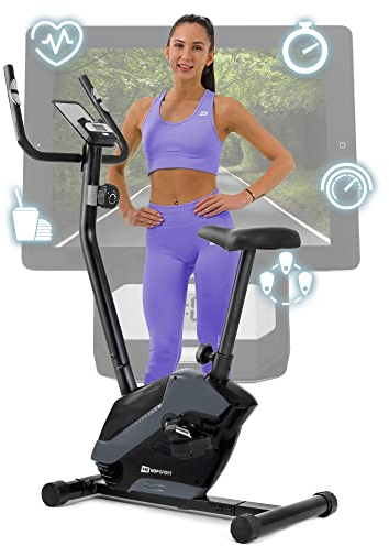 Hop-Sport HS-045H EOS Heimtrainer Fahrrad für Zuhause - kompaktes Fitnessbike mit Pulssensoren und Tablethalterung - Fitnessfahhrad mit Trainingscomputer für ein max. Nutzergewicht von 120kg Grau