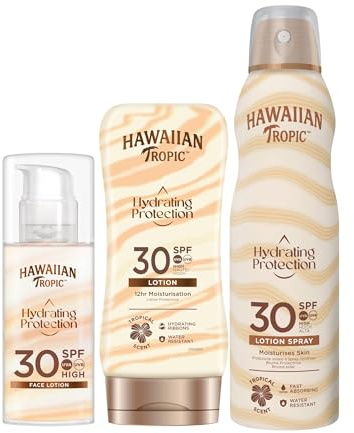Hawaiian Tropic Pack Hydrating Protection SPF 30 - Crema Solar Protectora con Cintas de Seda Hidratantes + Spray Bruma Air Soft + Loción Air Soft Face (Paquete de 3)