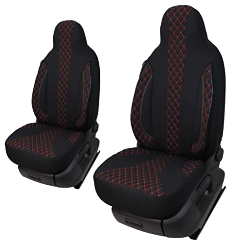 Maß Sitzbezüge Schonbezüge Pilotsitze Fahrer & Beifahrer Set kompatibel mit Wohnmobil FIAT Ducato, Pössl, Knaus, Adria, Carthago, Pilote Laika WPL402 Schwarz/Rote Naht