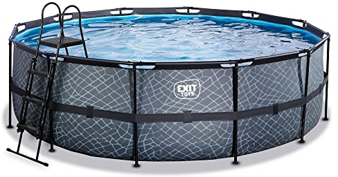 EXIT TOYS Piscine Stone - ø450x122cm - Grande Piscine Ronde à Cadre avec Pompe à Filtre à Sable - Piscine Extra Profonde - Cadre Solide - Échelle de Piscine Incluse - Design Unique - Gris