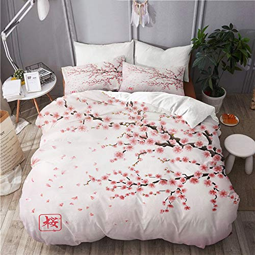 YUDILINSA Copripiumino Set Trapunta Federa,Realistico Ramo di ciliegio Giapponese con Geroglifico Sakura File di Fiori Che sbocciano,220 x 240 cm