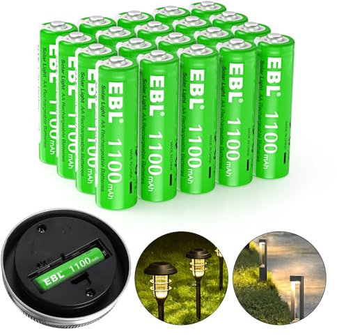 EBL 1100mAh Rechargeable Battery AA Solar Battery for Garden Lights 20 Pack, 1.2V NiMH AA Rechargeable Batteries for Solar Lights, String Lights, Pre-Charged, Low Self-Discharge & Long-Lasting