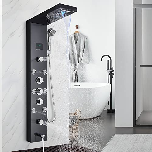 Rozin Duschpaneel Schwarz Edelstahl Duschanlage 5 Funktion Regenfall Wasserfall Duschkopf Handdusche Körper Massage Duschkopf Badezimmer Wandmontage Duschpaneel