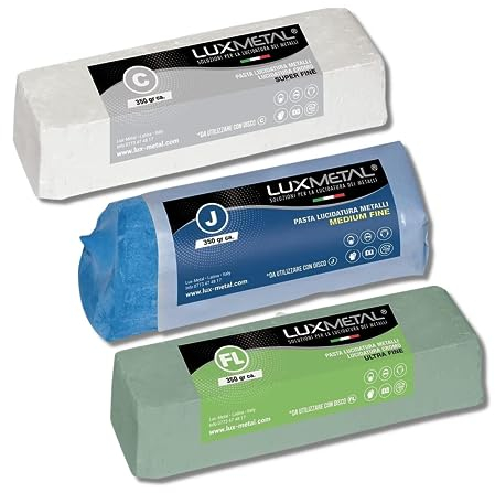 Kit Set of 3 Lux Metal 350 grams medium polishing paste eliminates scratches oxide and rust and mirror polish for aluminum stainless steel brass copper chrome plating plexyglass