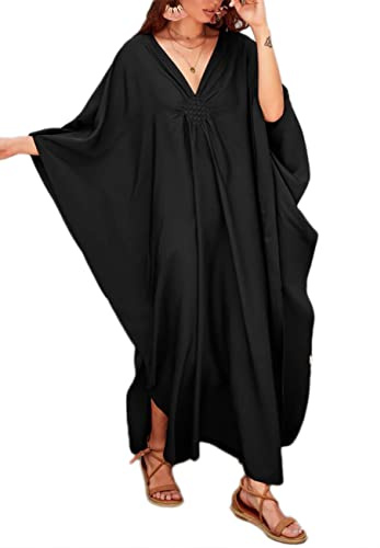 Bsubseach damklänning, enfärgad, heltäckande, v-ringad, fladdermusärm, extra stor storlek, kaftan, strandklänning, F-svart, en storlek