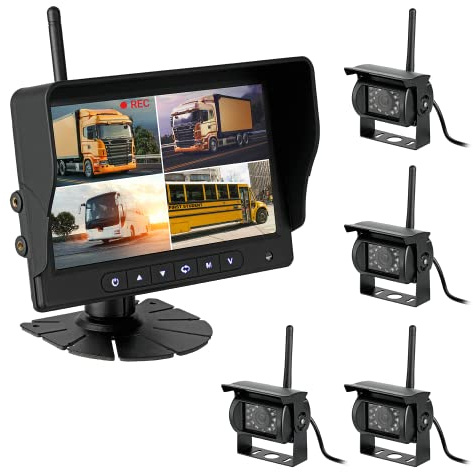 HD Funk Rückfahrsystem Digital für LKW Anhänger Wohnmobil Wohnwagen Auto mit 7' Monitor 12V 24V 32V Set mit 4 x Rückfahrkamera Set Quad SD Videoaufzeichnung, DVR Videoaufnahmen, Mikrofon, Audio
