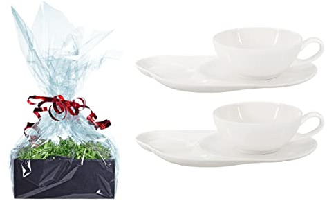Buchensee Tee Geschenk Set, 2 Teetassen Lena + Untertasse mit Ablageflächen aus Crystal Bone China Porzellan, je 200ml in fein-cremigem Weiß + Geschenkverpackung