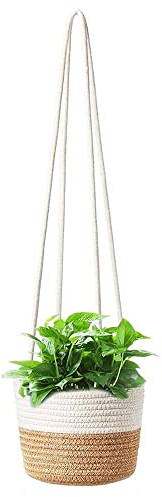 YANJINGHE Blumentöpfe Hängende, Seegras Pflanzentopf, Hängender Pflanzerkorb, Natürliche Baumwolle Handgewebt Blumenampel Pflanzenaufhänger mit Langem Hängendem Seil für Indoor Outdoor Decor (Mittel)