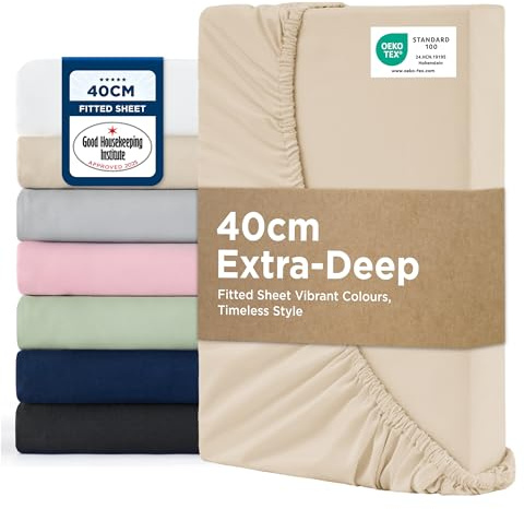 Bedsure Super King Fitted Sheet - Bed Sheets Extra Deep Pocket 16 Inches (40 cm), Soft Brushed Polyester Microfiber Material for Super King Bed, Beige, 180x200cm | Soft Breathable Brushed Finish Smooth Feel All Round Elastic Secure Fit Deep Pocket Machine Washable Fade Resistant Easy Care