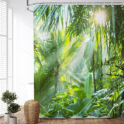 ASDCXZ Duschvorhang, Wald, 180 x 200 cm, Naturlandschaft, grüner Wald, Sonne, wasserdicht, Textil, Duschvorhang, waschbar, für Badewanne, mit 12 Haken