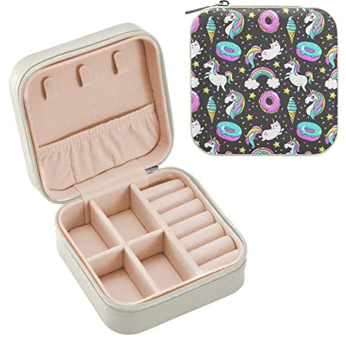 Kleine Schmuckschatulle für Damen, PU-Leder, Reise-Schmuckkästchen für Ringe, Ohrringe, Halsketten, Uhren, Geschenke für Mädchen, Frauen, Einhorn, Donut, Regenbogen-Konfetti