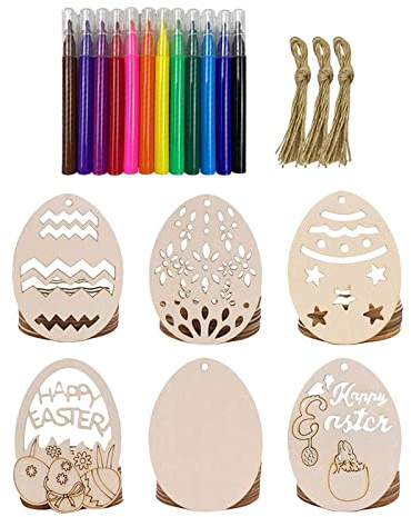 JISADER 72Pcs Easter Wooden Hanging Ornaments Unfinished Easter Egg Shape Cutouts with Ropes and Markers Pen Wooden Easter Egg Slices Ornaments for Kids Adults DIY Crafts Party Supplies