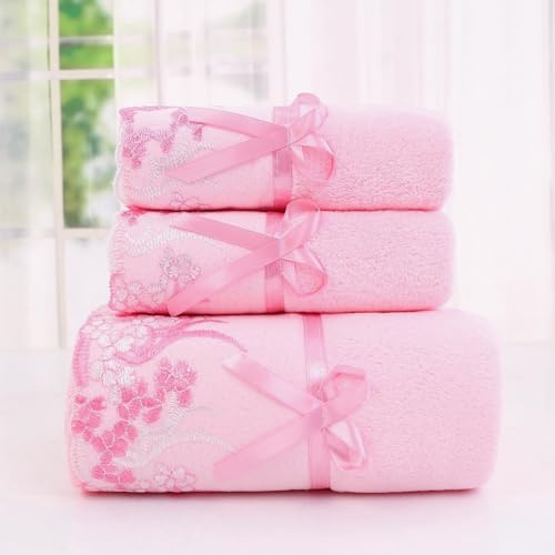 Abeigoi Pink Lace Bath Towels Set, Velvet Ultra Soft & Absorbent Bath Towel and Hand Towels Set for Bathroom,Shower, Washroom, Toilet (1 Bathroom Towel+2 Hand Towels)