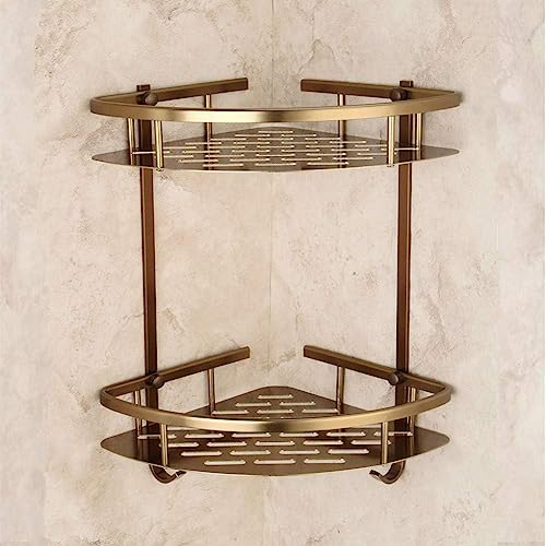 EFARMA Bathroom Shelves,Shower Shelf Organiser,Bathroom Shower Caddies Bathroom Antique Bronze Shelf Two Layer Corner Aluminum Basket Shower Caddy Hair Dryer Holder Etagere Salle De Bain Murale Tipi