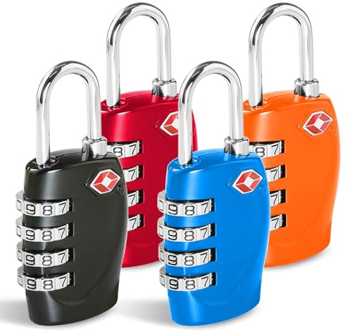 CFMOUR TSA Kofferschlösser – 1, 2, 3, 4, 5, 6 Stück, 4-stelliges Sicherheits-Reise-Kombinationsschloss für Koffer, Gepäck, Taschen, Code-Schloss, Schwarz, Blau, Rot, Orange, 4 Stück