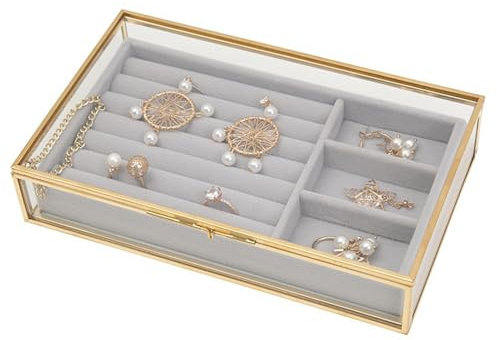 BURLOE Goldene Kupfer Vintage Glasbox, Schmuckkästchen Box Mit Deckel Schreibtisch Und Armband Dekorative Aufbewahrung Make Up Ringe Schmuckstück,Clear