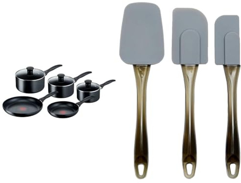 Tefal Induction Non-Stick Cookware Set, 5 Pcs - Black (G155S544) & Amazon Basics 3 piece Spatula, Silicone, Small, Grey
