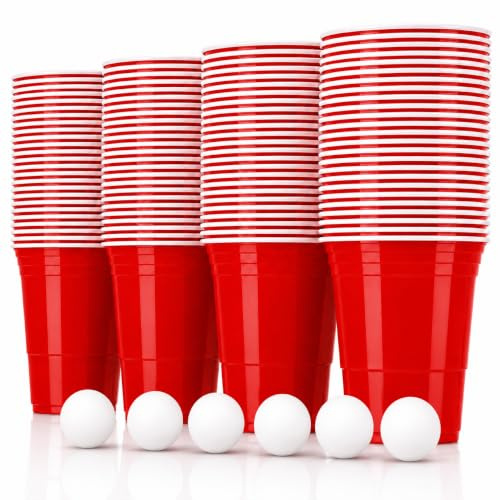 Vasos de plástico en rojo con 6 bolas – Juego de vasos rojos – 50 vasos premium (473 ml) en rojo + 6 bolas de ping pong
