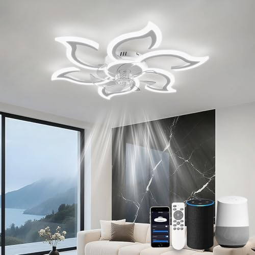 LJX Deckenleuchte mit Ventilator Leise Kompatibel Mit Alexa und Google Assistant 88cm Blume Deckenventilator mit Beleuchtung und Fernbedienung 2.4GHZ Wifi Timer Dimmbar Für Schlafzimmer,Weiß
