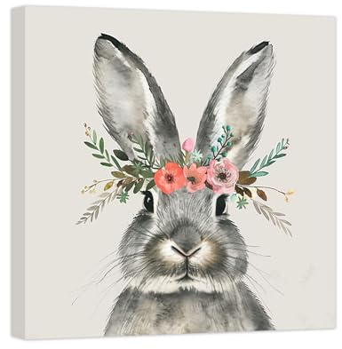 ZXHYWYM Osterhasen Leinwandbilder süßes Kaninchen Poster mit Blumen Tiergemälde Aquarell Kunstdrucke Kinderzimmer Mädchen Baby Wanddekoration Ostergeschenke mit Rahmen (B (70.00 x 70.00 cms))